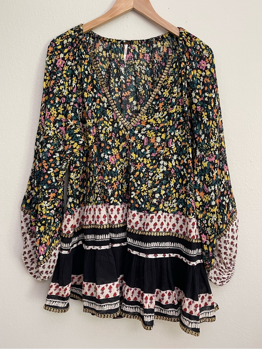 FREE PEOPLE Gardenia Floral Tunic Top Dress Sz Small Romantic Boho Festival - Picture 3 of 13